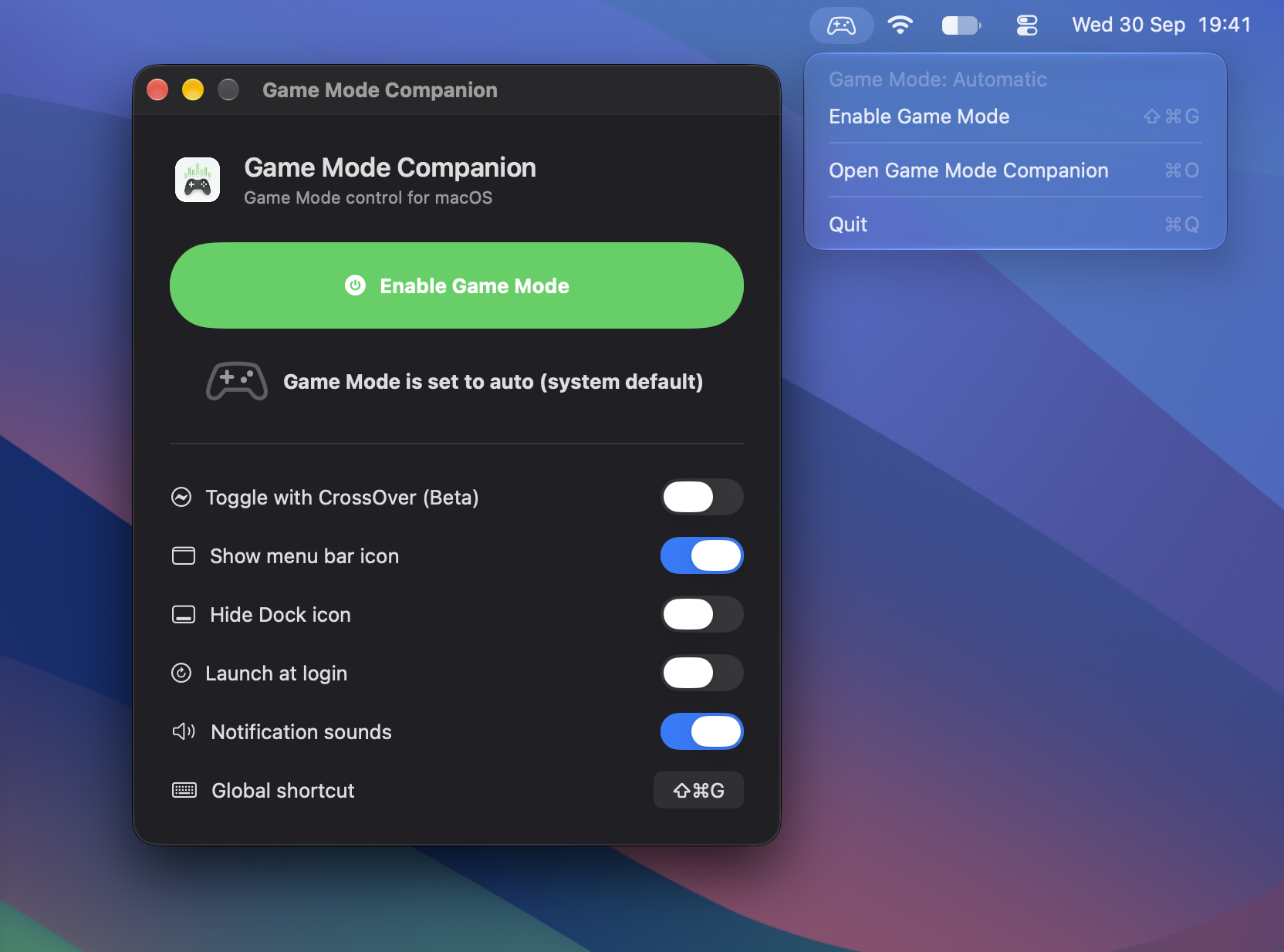 Game Mode Companion settings and menu bar controls on macOS