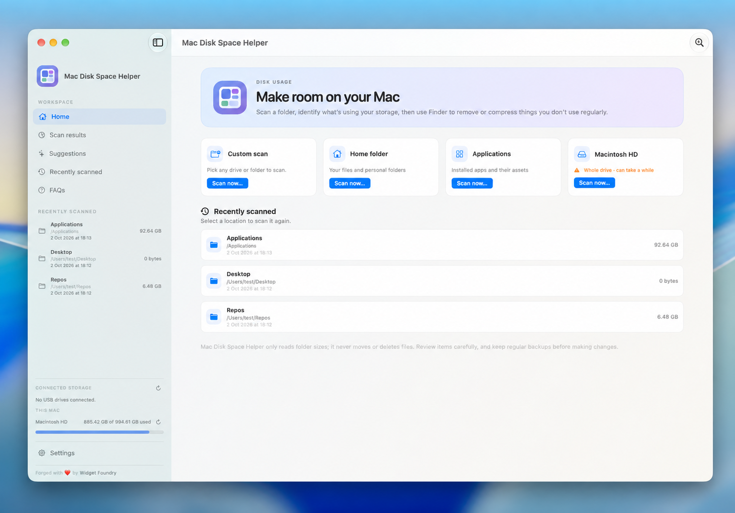 Mac Disk Space Helper showing its Home screen, scan options, and recently scanned folders